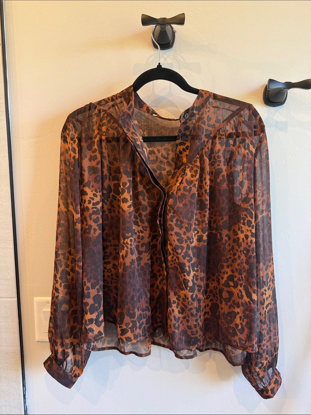 Sheer Leopard Print Long-Sleeve Blouse - Brown
